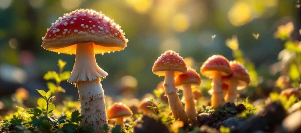 Psilocybin mushrooms outdoors with sun peering through the trees