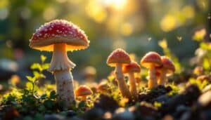 Psilocybin mushrooms outdoors with sun peering through the trees