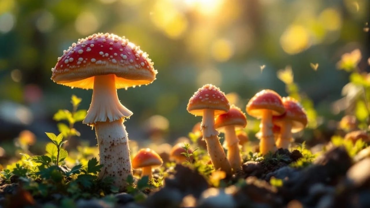 Psilocybin mushrooms outdoors with sun peering through the trees